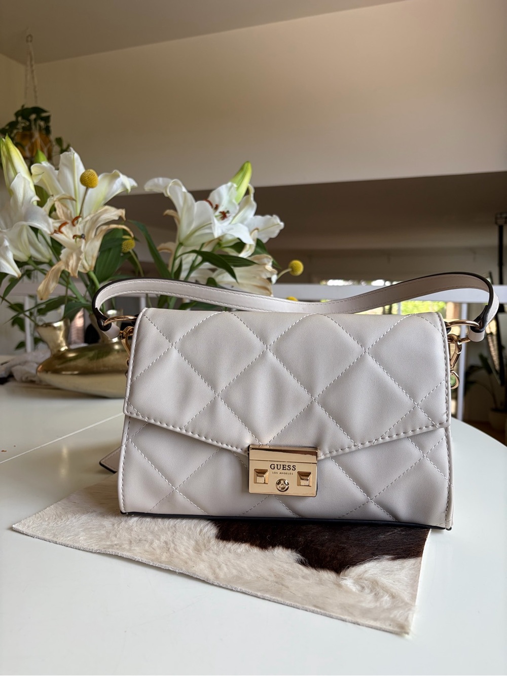 GUESS Quilted Shoulder Bag in Cream/Beige with Gold Hardware